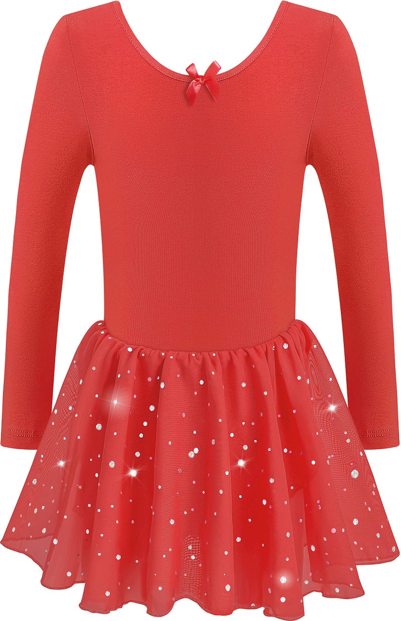 DANSHOW Girls Ballet Leotard Kids Long Sleeve Dance Leotard Dress with Glitter Tutu Skirt(4042-M-04) - Image 1
